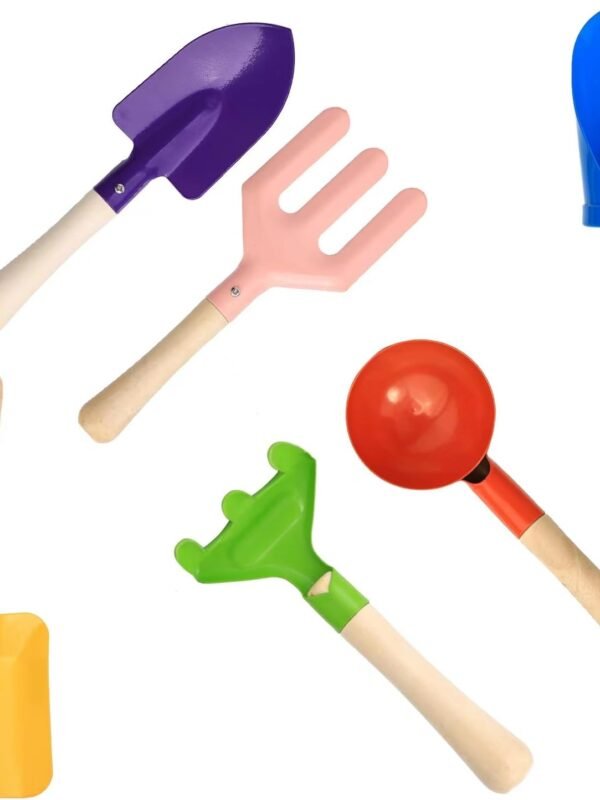 6 PCS 8" Kids Gardening Tools, Metal Beach Sandbox Digging Toys with Sturdy Wooden Handle, Safe Backyard Snow Sensory Playset Including Cylinder, Spoon, Fork, Rake, Flat & Pointed Shovels for Children