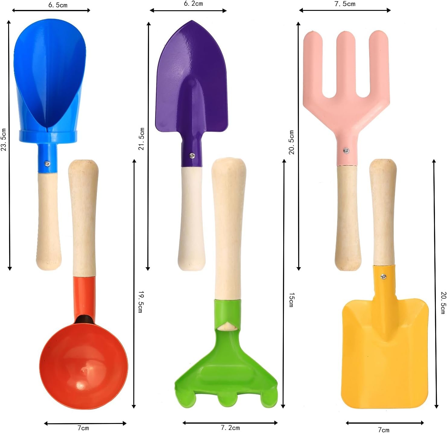 6 PCS 8" Kids Gardening Tools, Metal Beach Sandbox Digging Toys with Sturdy Wooden Handle, Safe Backyard Snow Sensory Playset Including Cylinder, Spoon, Fork, Rake, Flat & Pointed Shovels for Children - Image 2