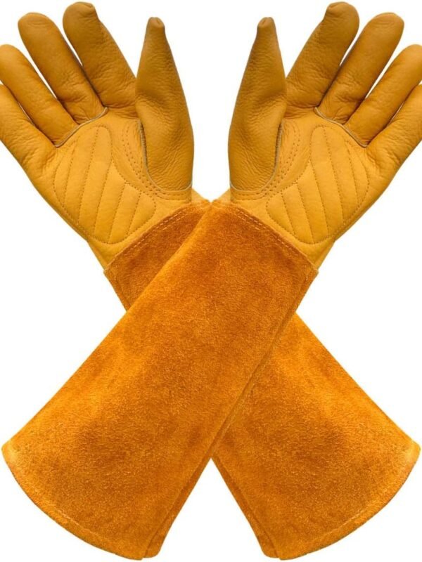 Gardens Leather Gardening Gloves for Women and Men | Thorn and Cut Proof Garden Work Gloves with Long Heavy Duty Gauntlet | Suitable For Thorny Bushes Cacti Rose (Large, Yellow)