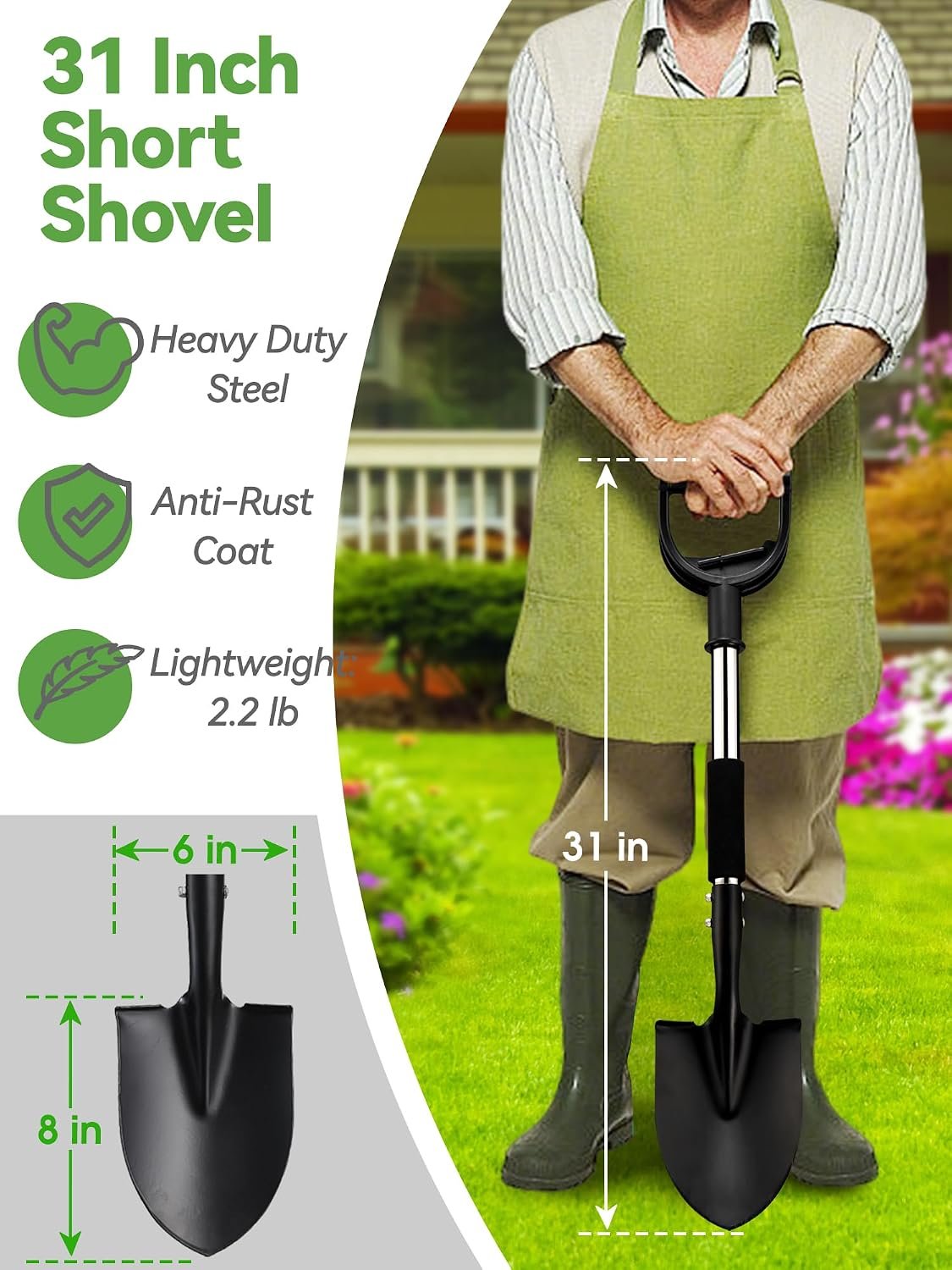 Shovel, 31 inch Small Shovels for Digging Gardening, Camping, Off Road, Kids Sand Beach Spade with Round Point Blade, D-Handle, Comfort Grip, Metal Mini Garden Shovel Heavy Duty, Rust-Proof - Image 2
