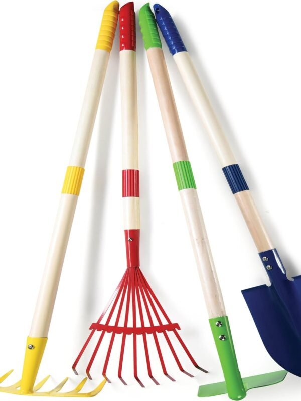 Kids Garden Tool Set Toy 4-Piece - Shovel, Rake, Hoe, Leaf Rake, Wooden Gardening Tools for Kids Best Outdoor Toys Gift for Boys and Girls