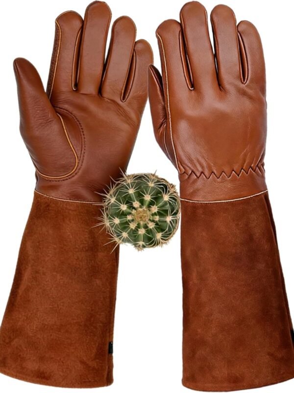 Leather Gardening Gloves for Women Men, Long Rose Pruning Gloves Thorn Proof Cowhide Gauntlet Cactus Garden Gloves for Yard (Brown, L)